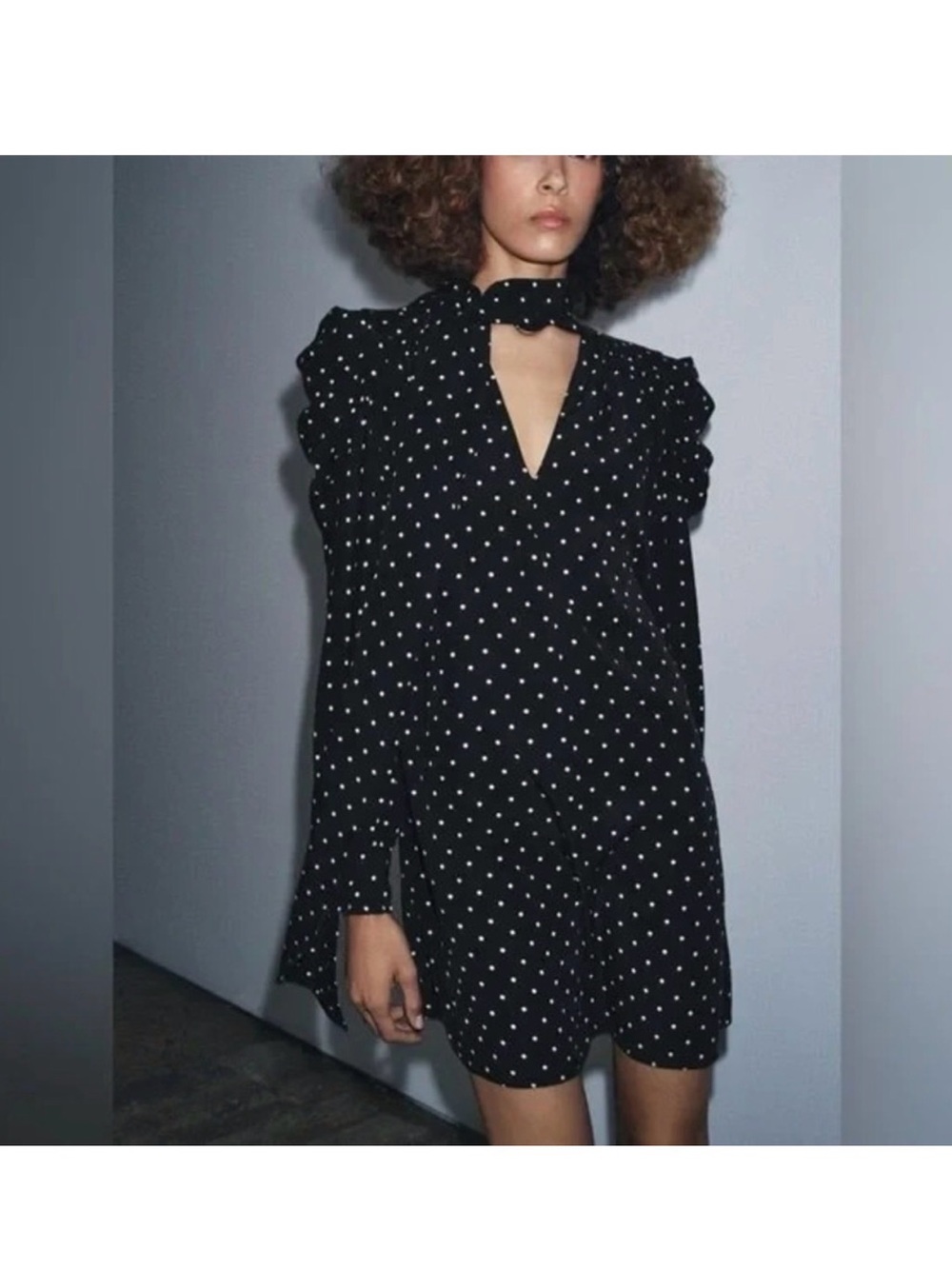 Zara Black Mini Dress with White Polka Dots size X Small